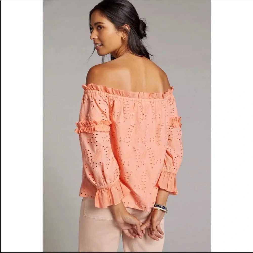 Anthropologie Peach Eyelet Lace Off Shoulder Blouse Size 4 Boho Top NWT